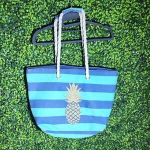 Blue Striped Tote Bag with Pineapple Design